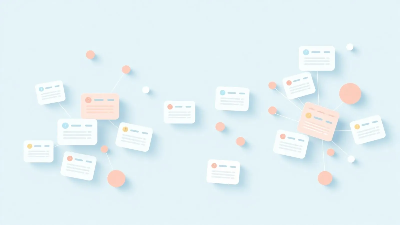 Abstract clusters of feedback request cards grouped into themed bundles