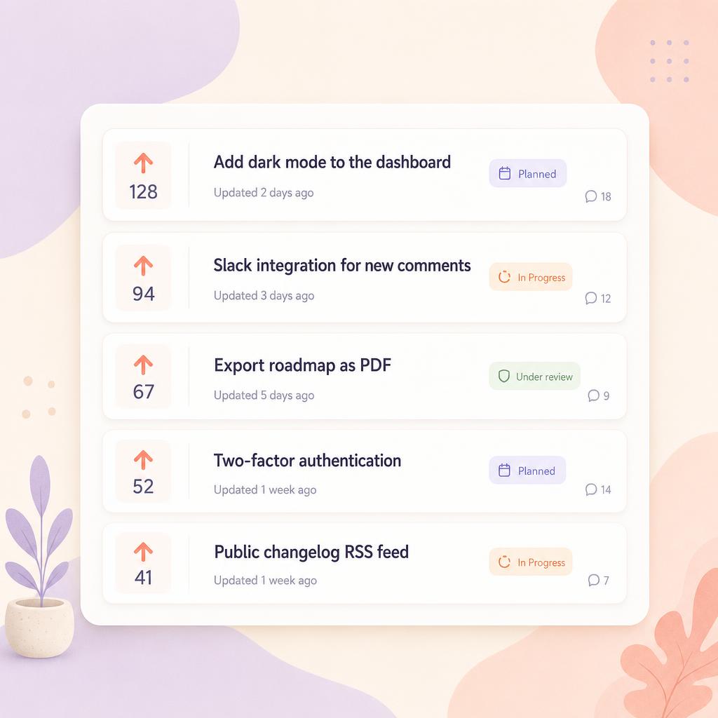 Public feedback board mockup showing upvoted feature requests with status badges