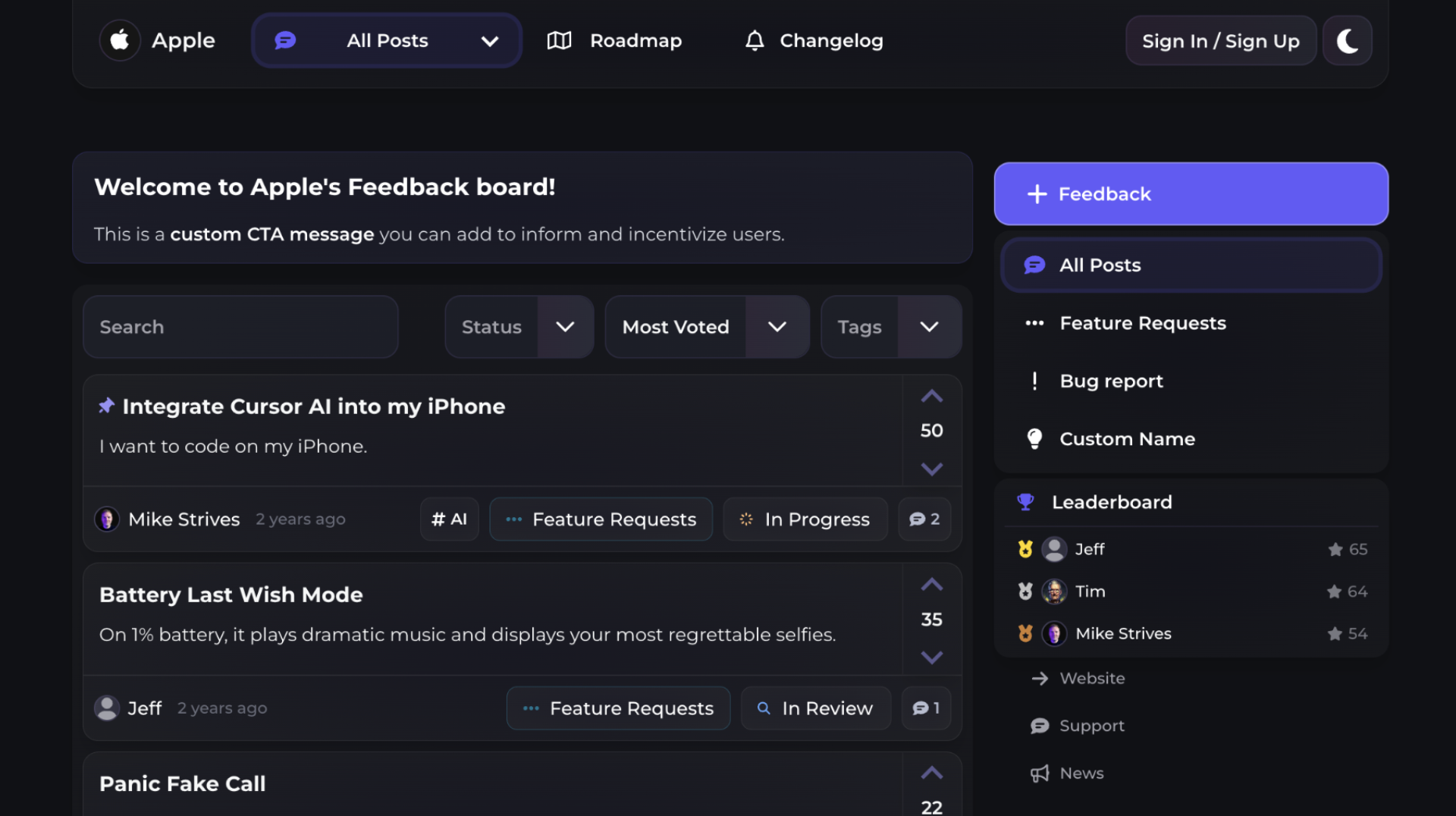 Upvoty feedback portal preview