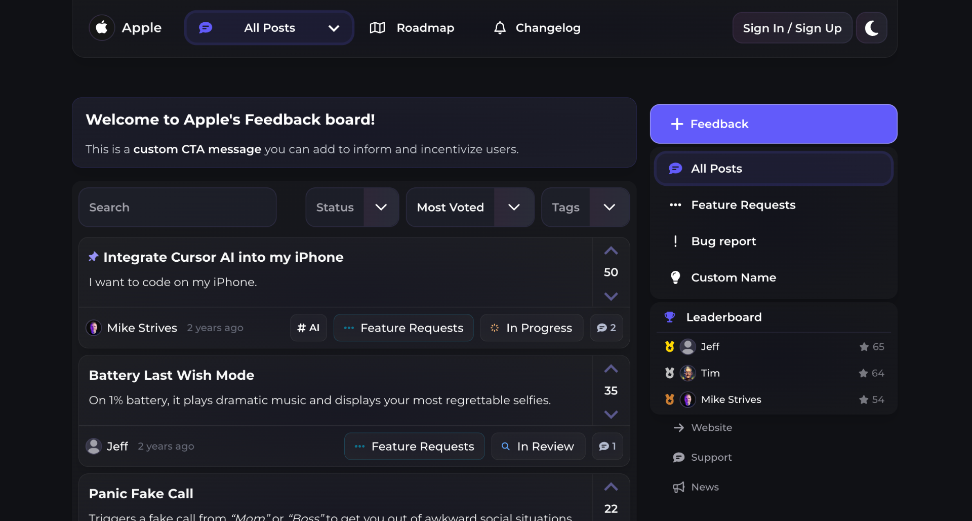 Upvoty feedback board preview