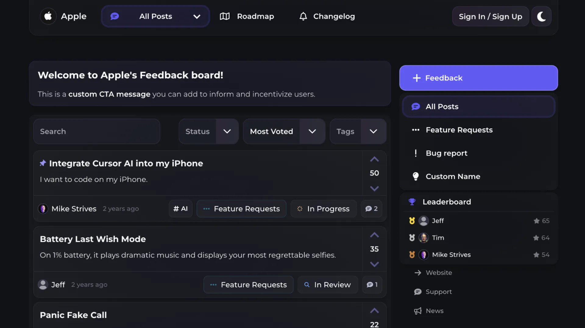 Upvoty feedback portal preview