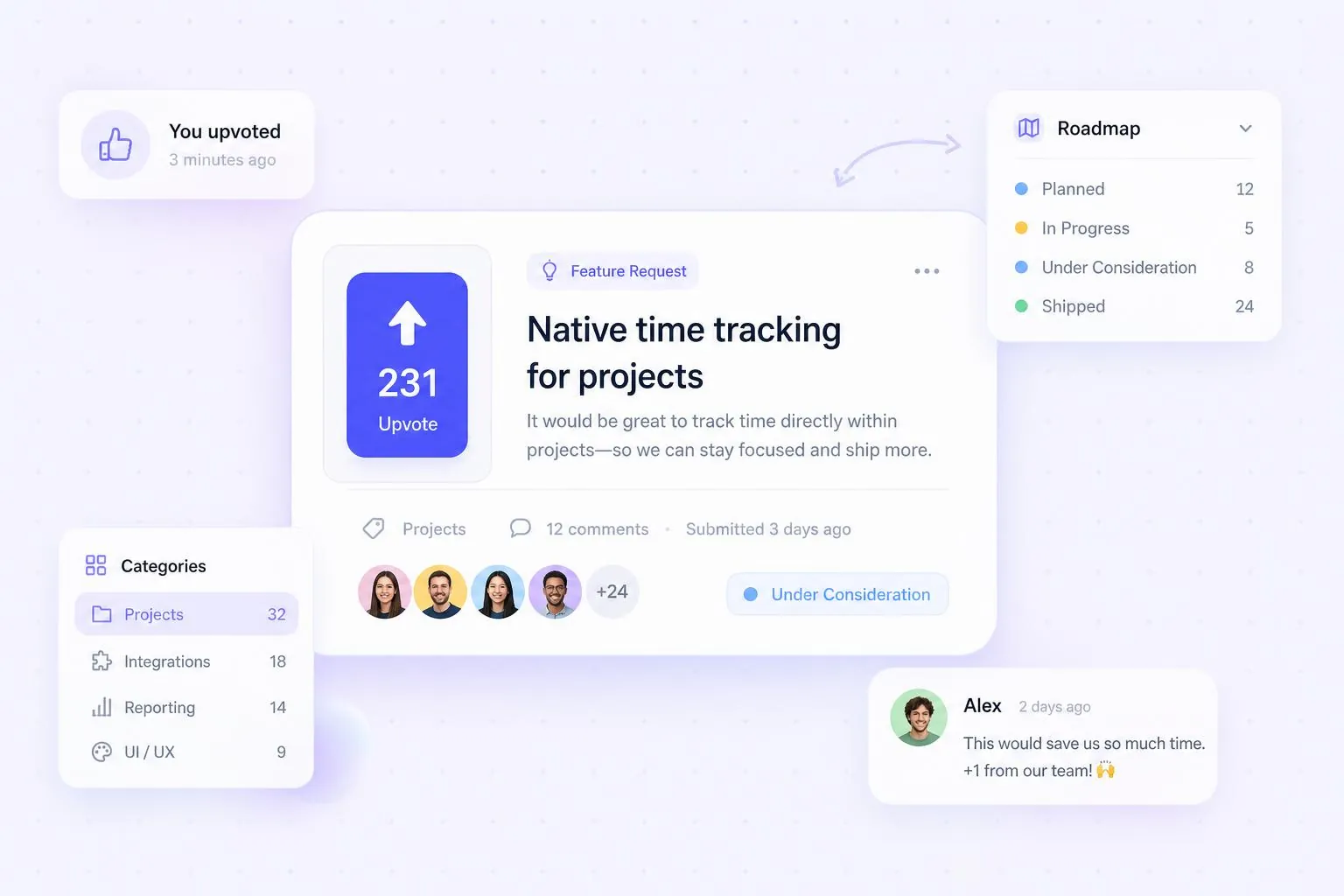 Soft product illustration of an Upvoty feedback board with votes, categories, comments, and roadmap status cards