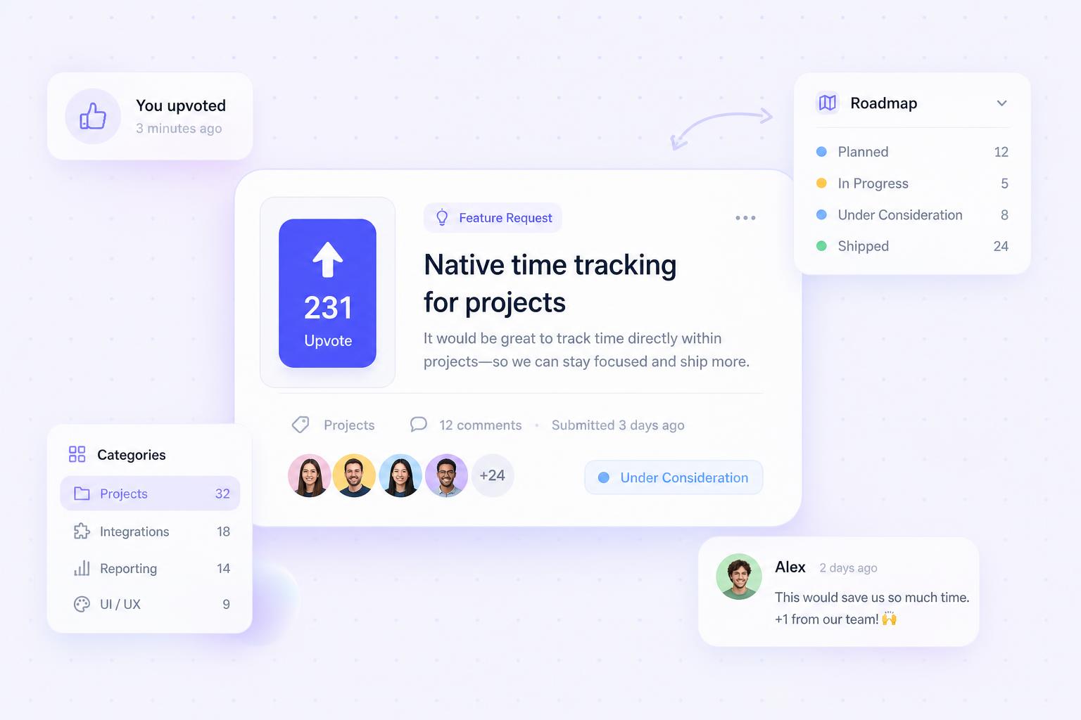 Soft product illustration of an Upvoty feedback board with votes, categories, comments, and roadmap status cards