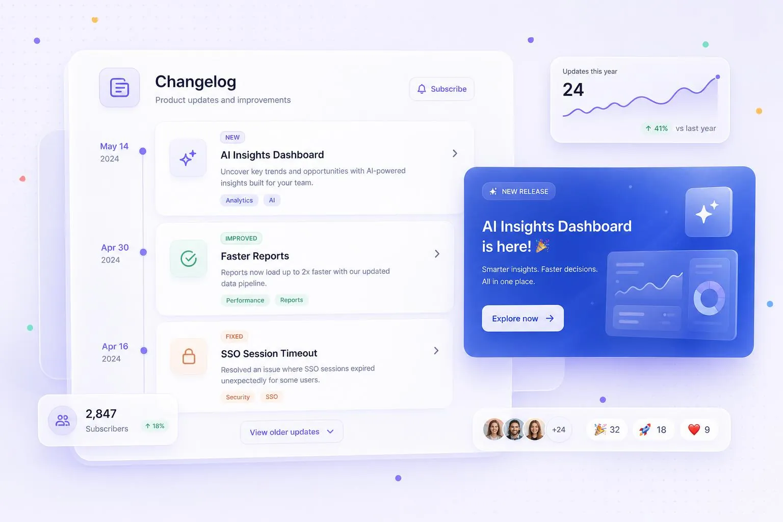 Soft product illustration of a changelog page with update cards, analytics, and a highlighted release announcement