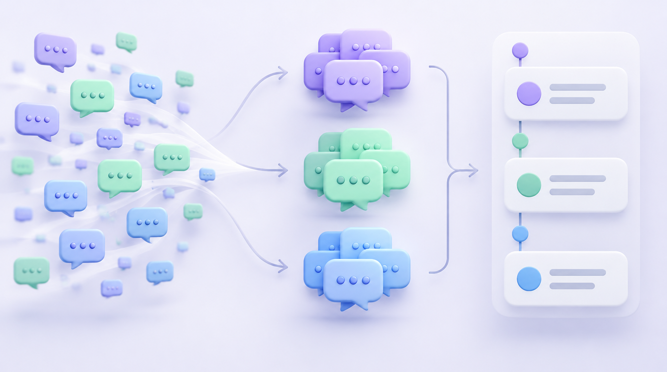 Scattered user feedback grouped into themes and ordered on a roadmap