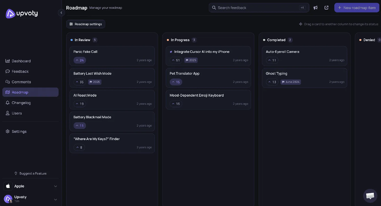 Create and manage a product roadmap in the Upvoty dashboard