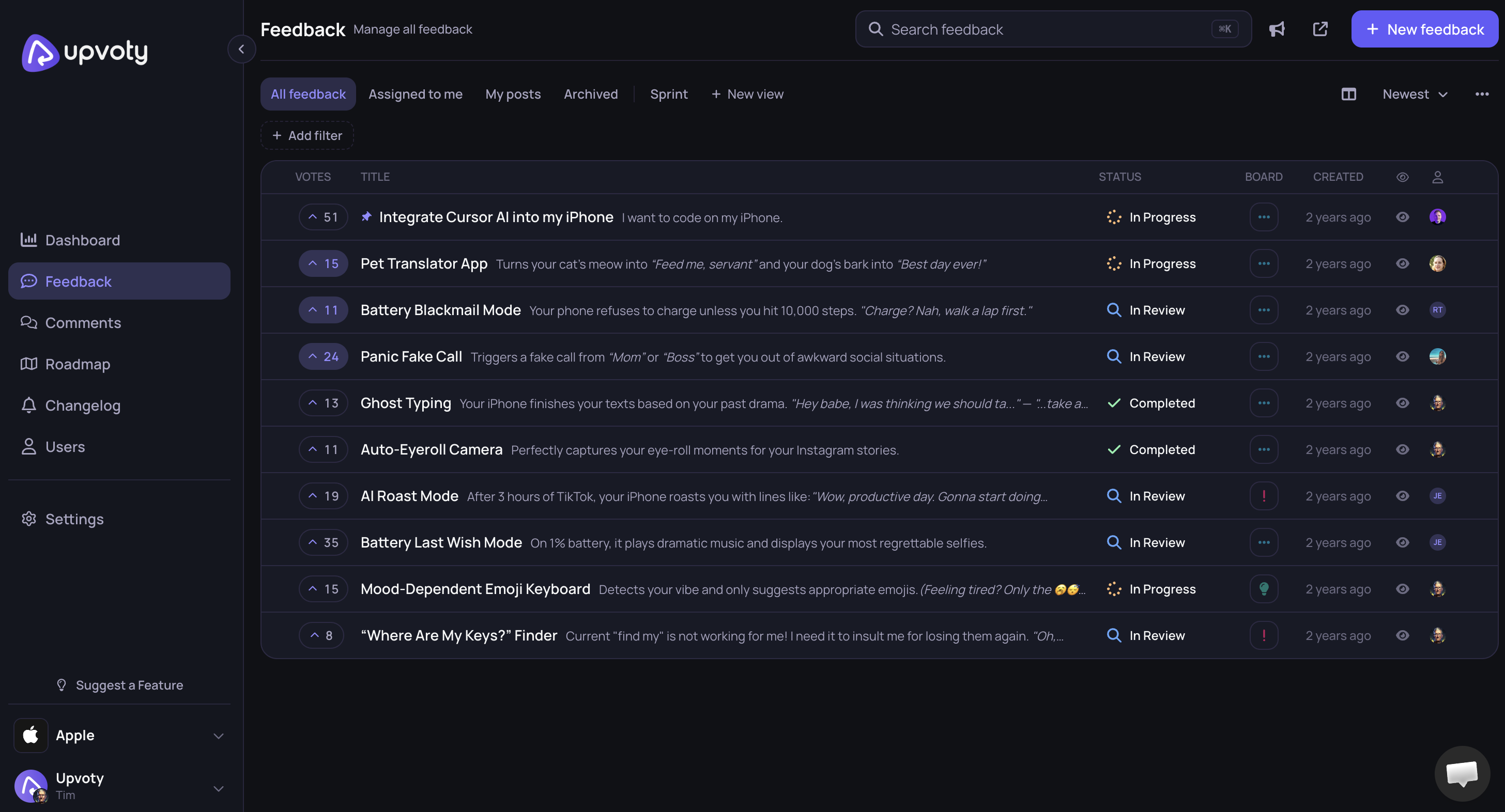 Upvoty dashboard for managing customer feedback and feature requests