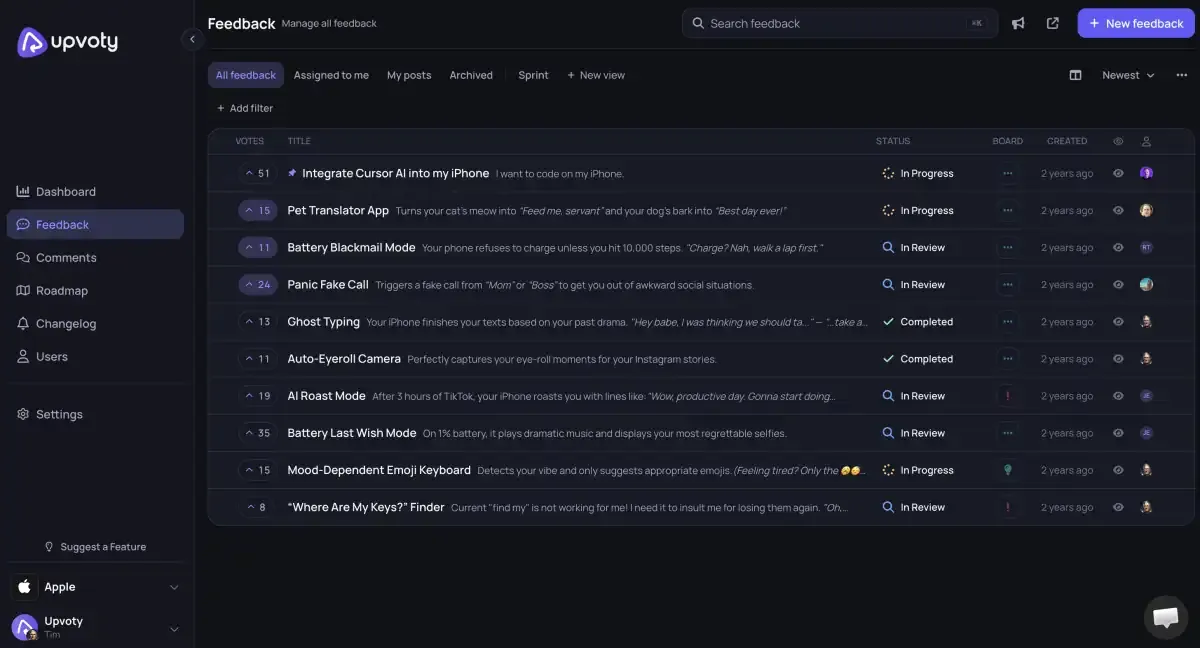 Upvoty dashboard for managing customer feedback and feature requests