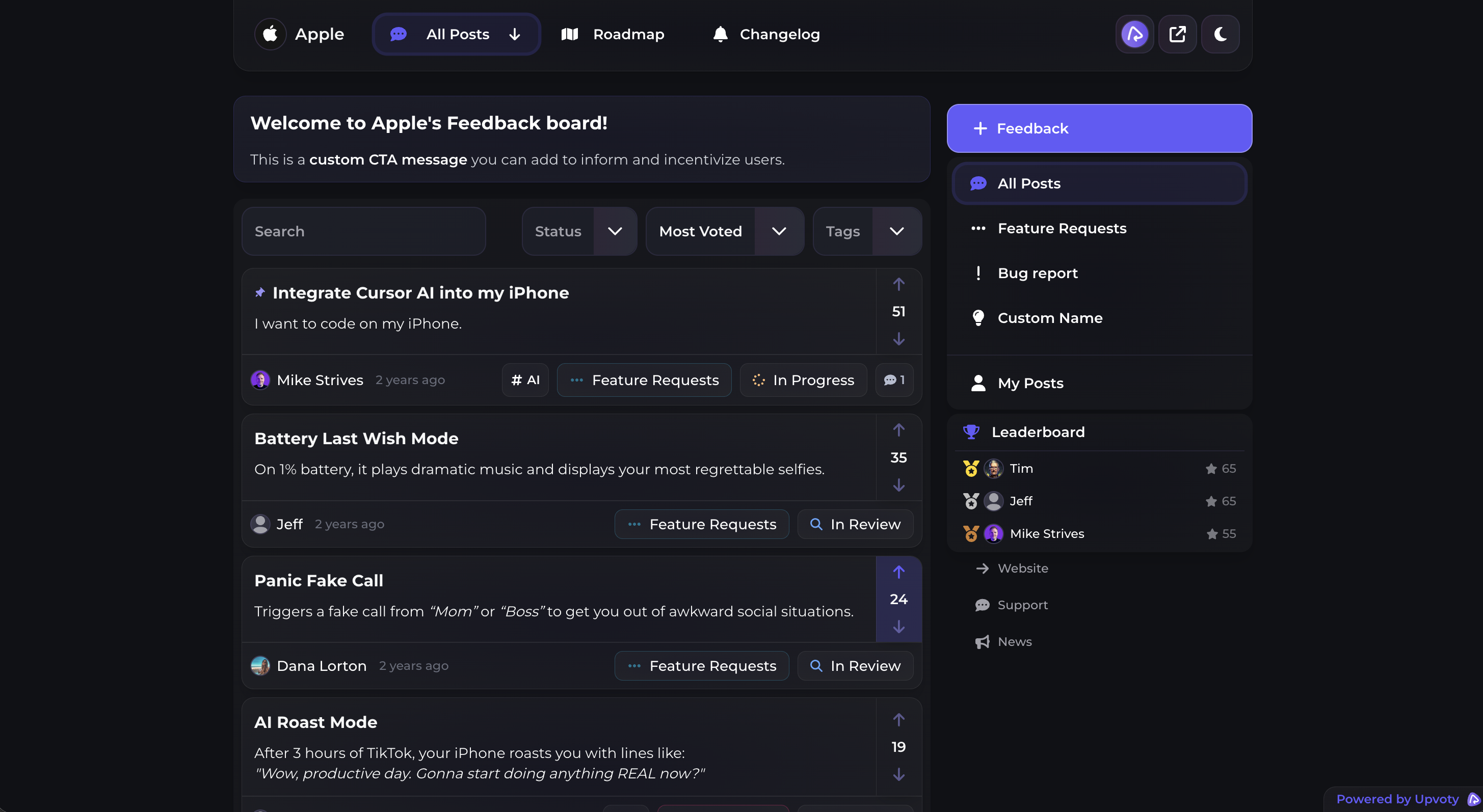Public Upvoty voting board for feedback and feature requests