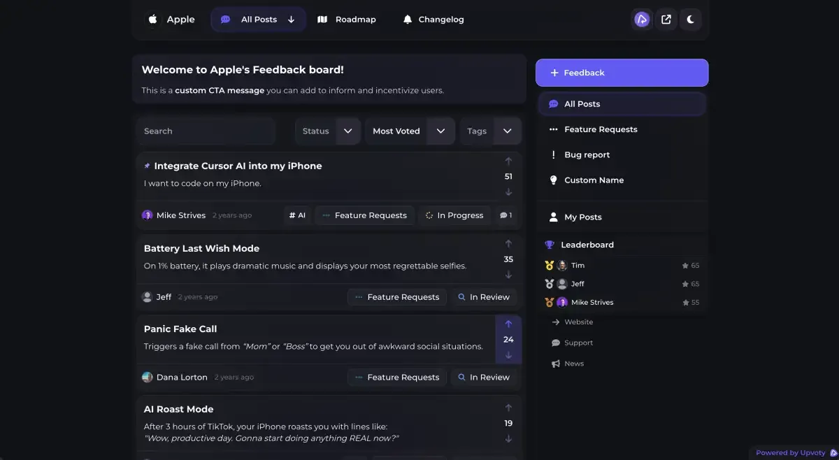 Public Upvoty voting board for feedback and feature requests