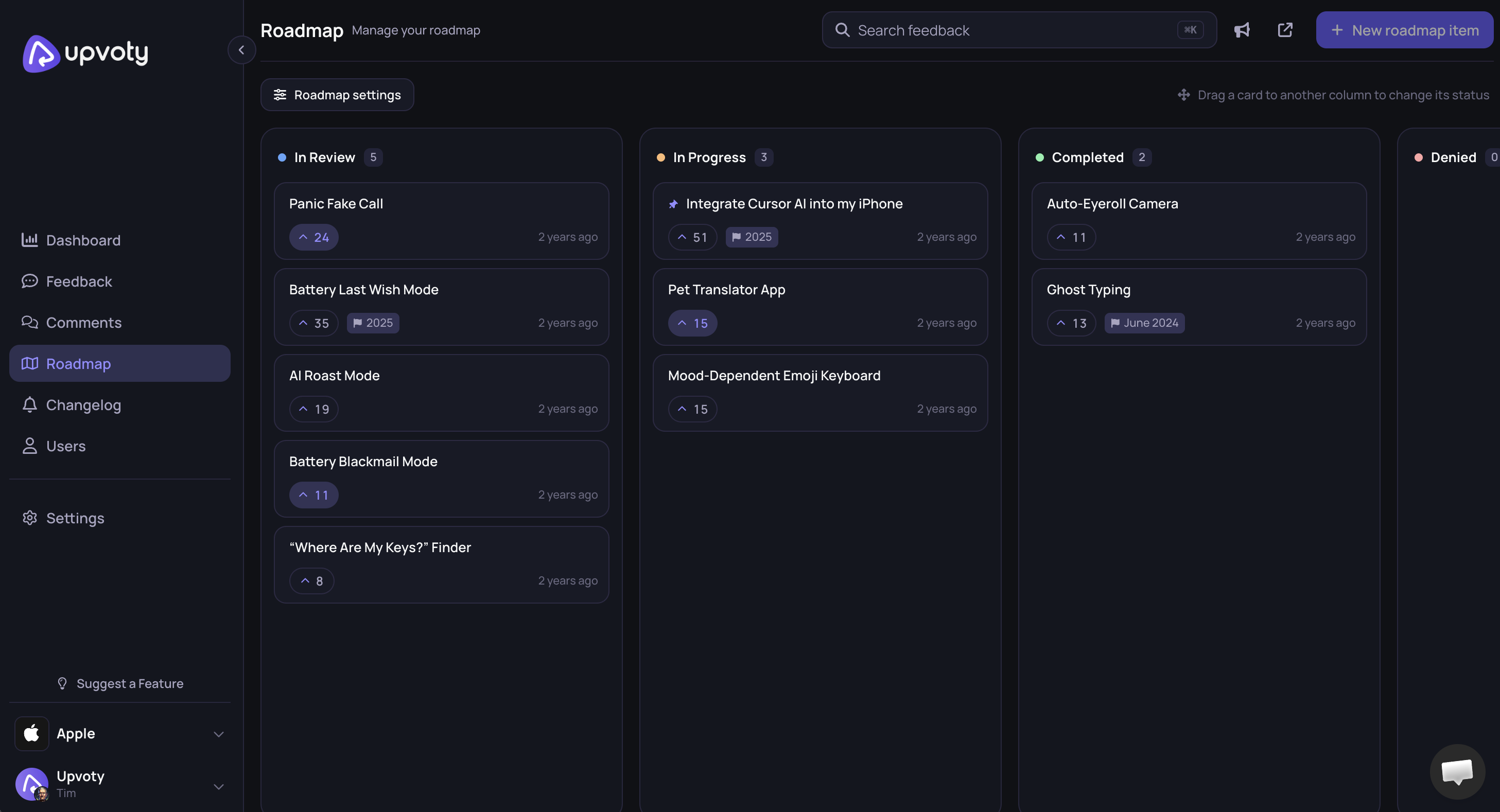 Upvoty dashboard for creating and managing a product roadmap