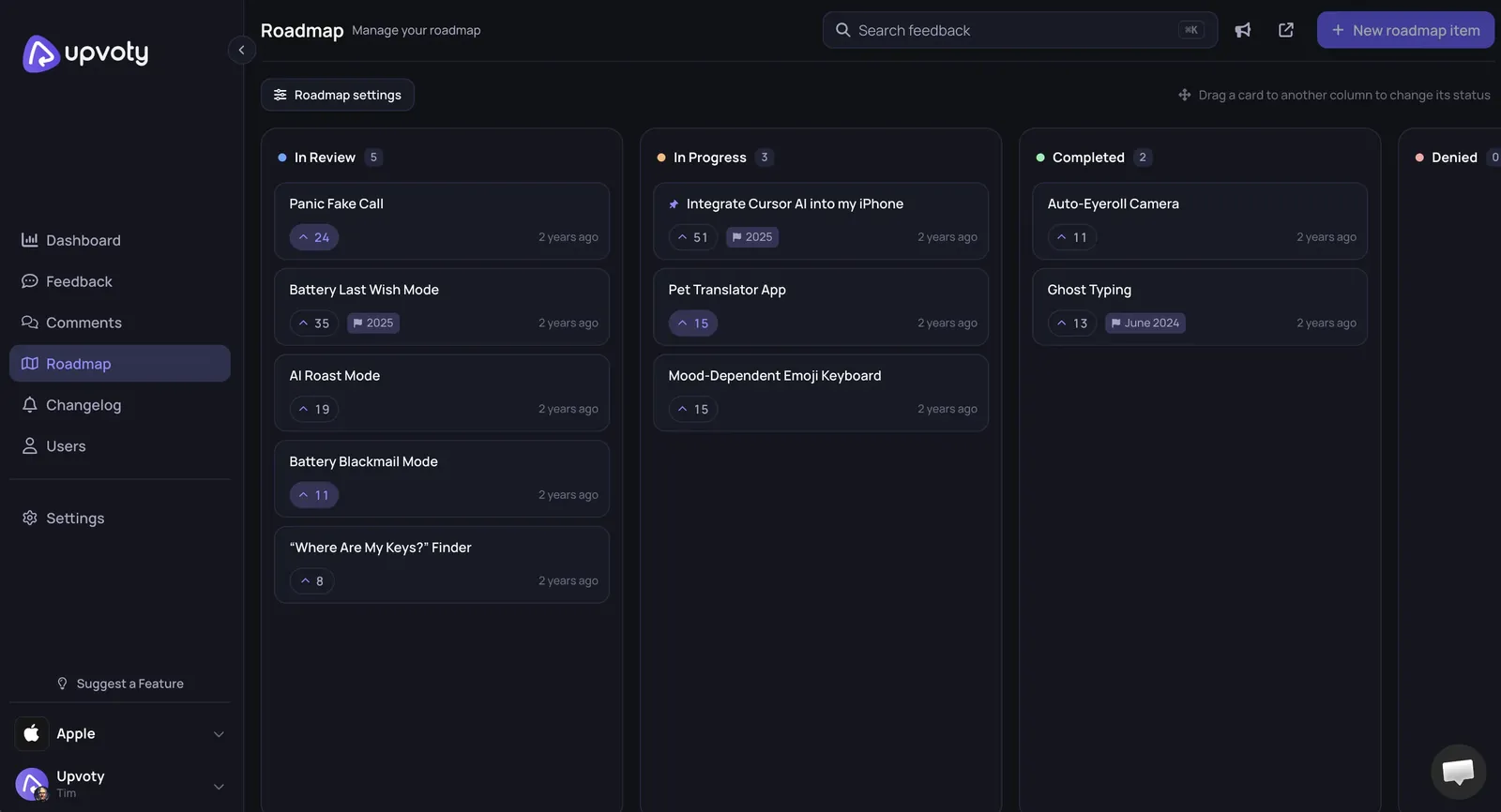 Upvoty dashboard for creating and managing a product roadmap