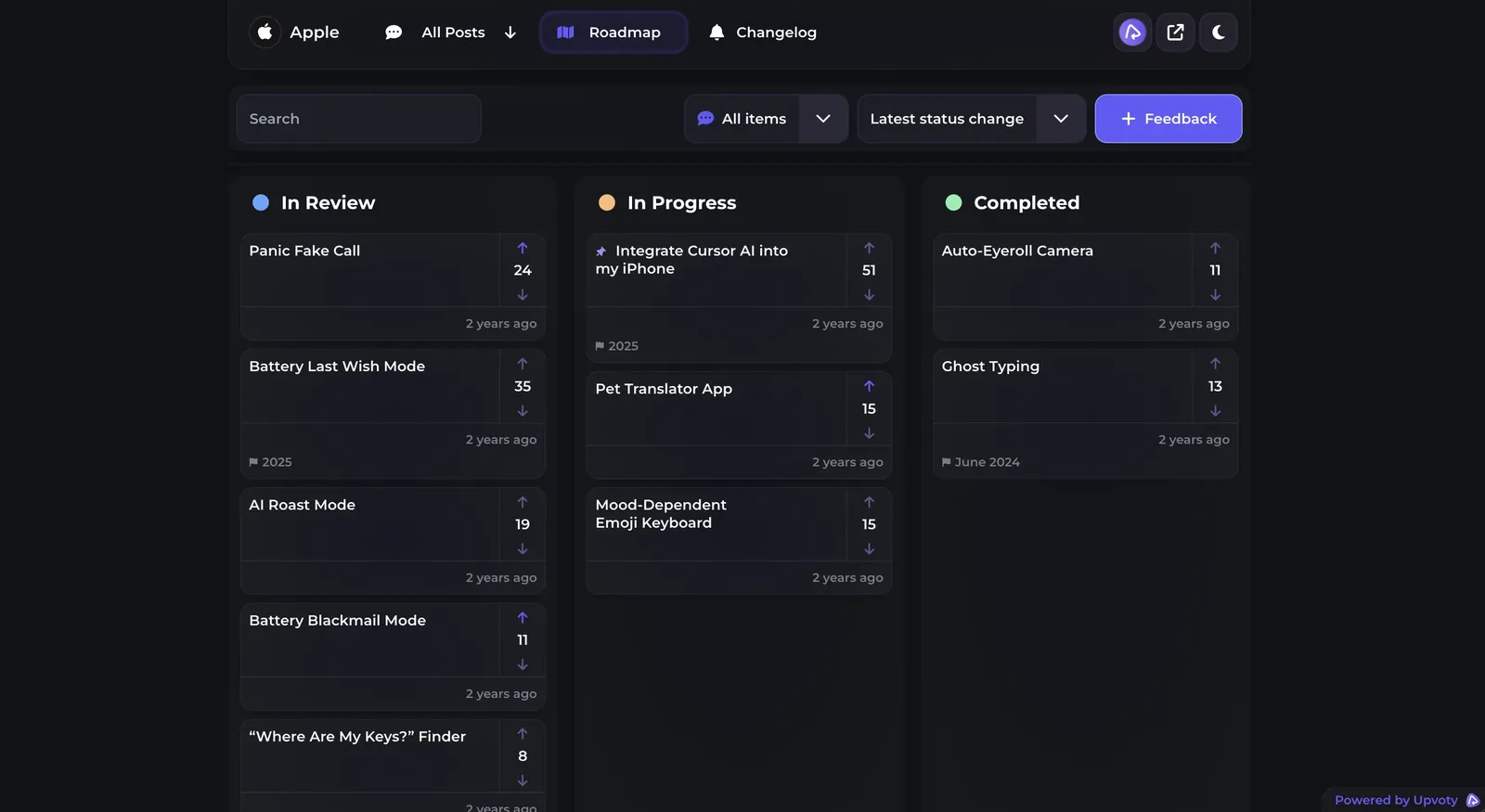 Public Upvoty product roadmap showing customers what is coming next